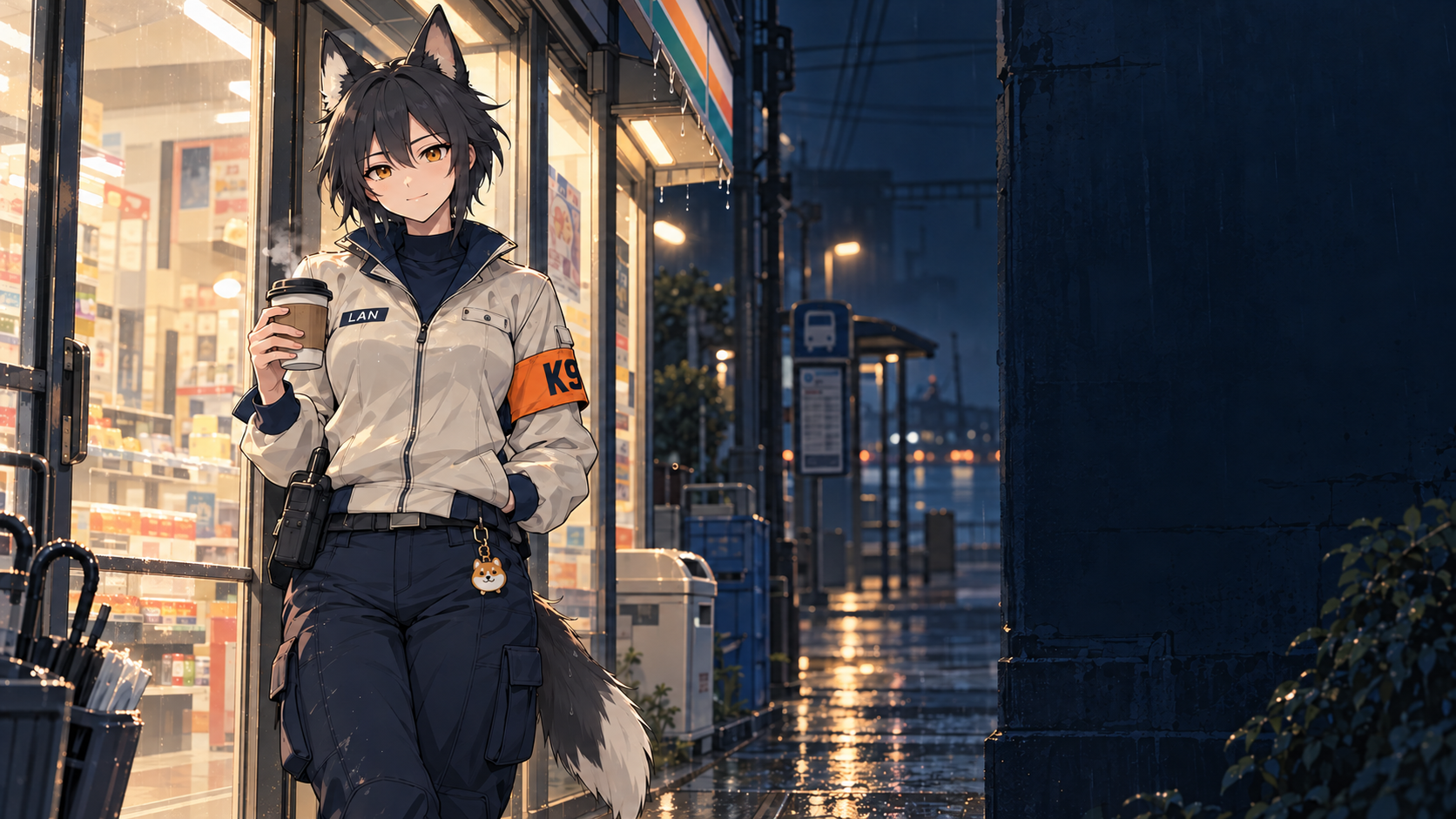 LAN, the canine patrol officer, outside a warm convenience store on a rainy night